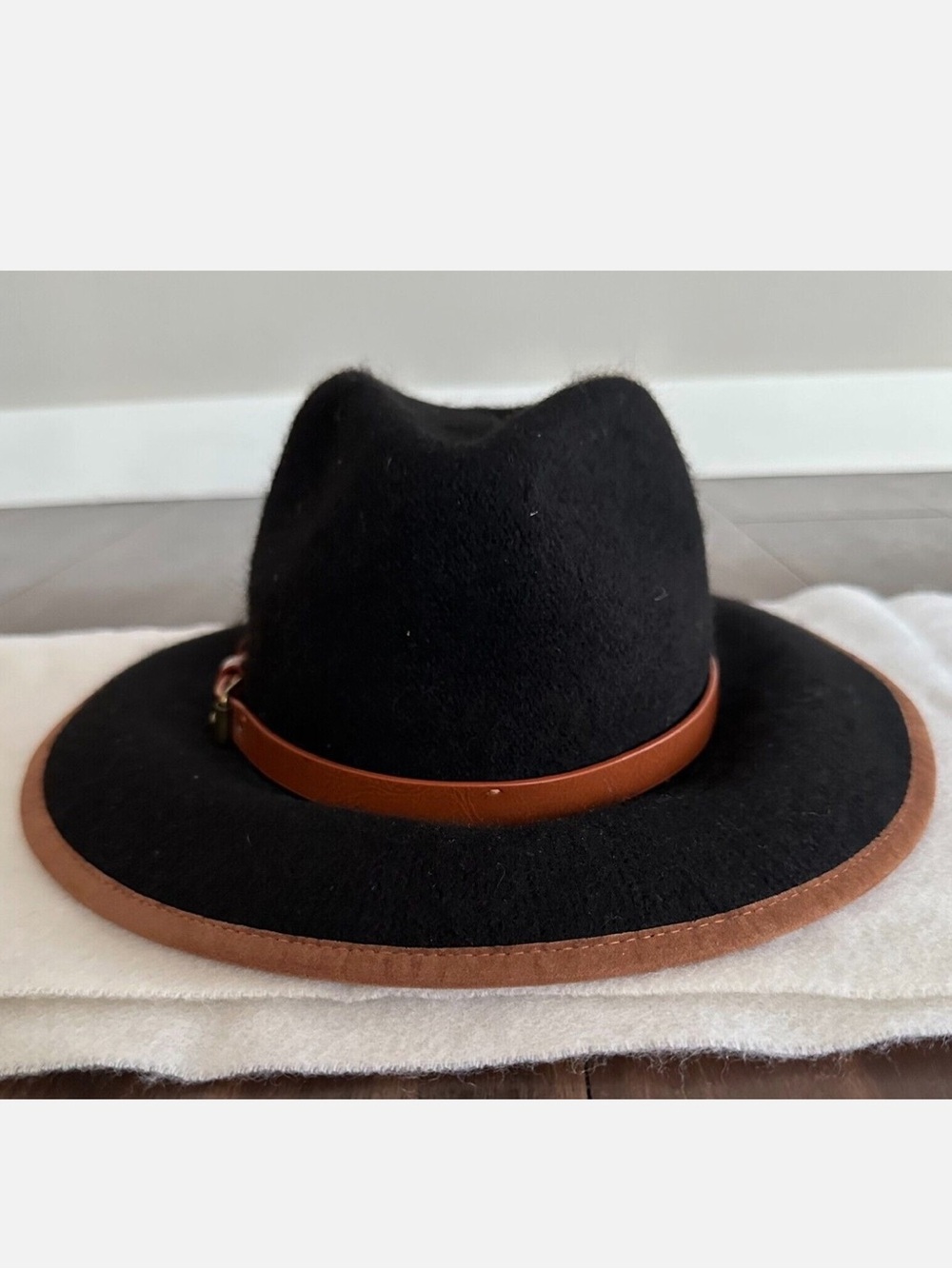 Anthropologie New Black Wool Felt Wide-Brim Hat with Brown Leather Band NWOT - Picture 13 of 16